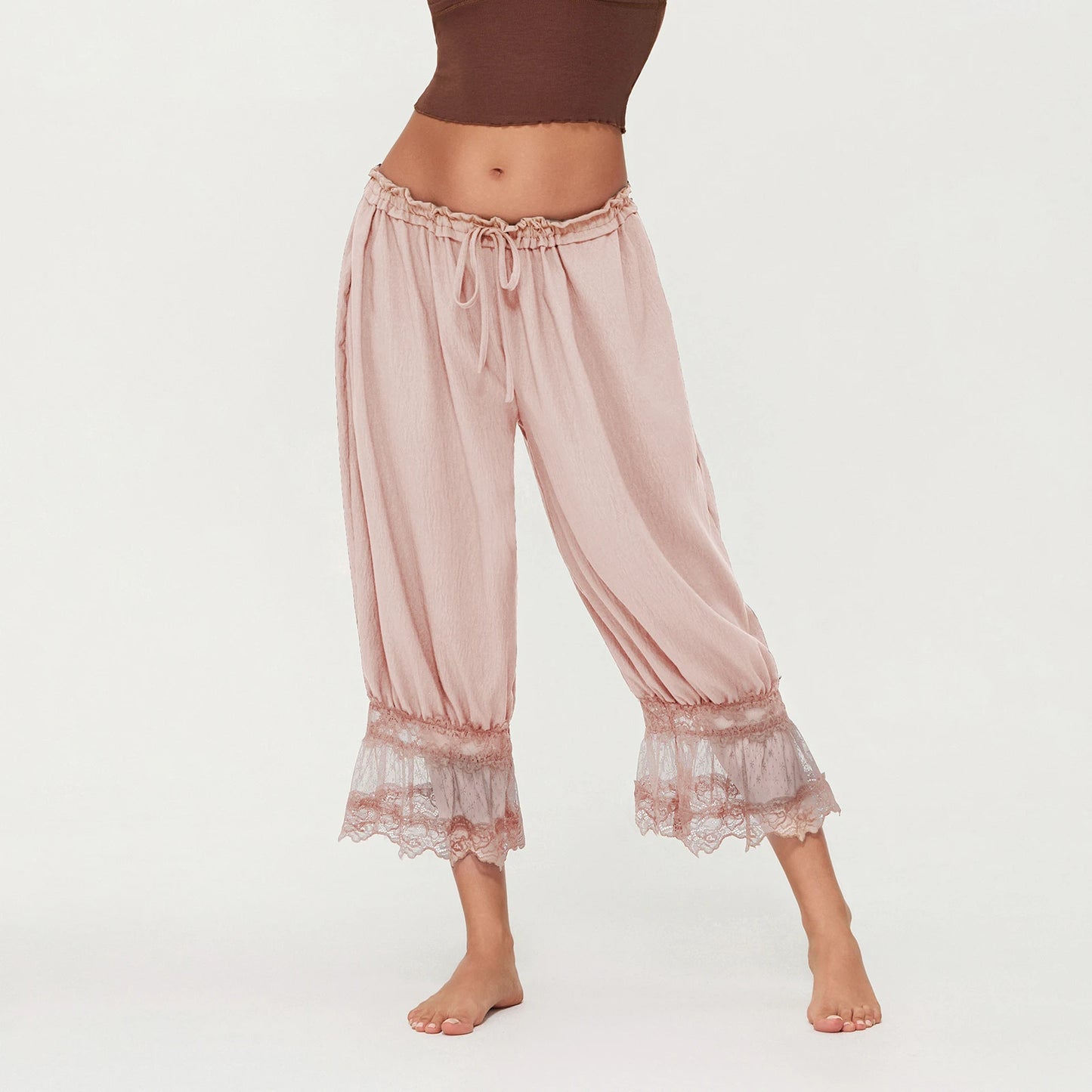 Women'S Y2K Loose Fit Bloomers Cropped Pants Drawstring High Waist Floral Lace Patchwork Calf-Length Lantern Trousers