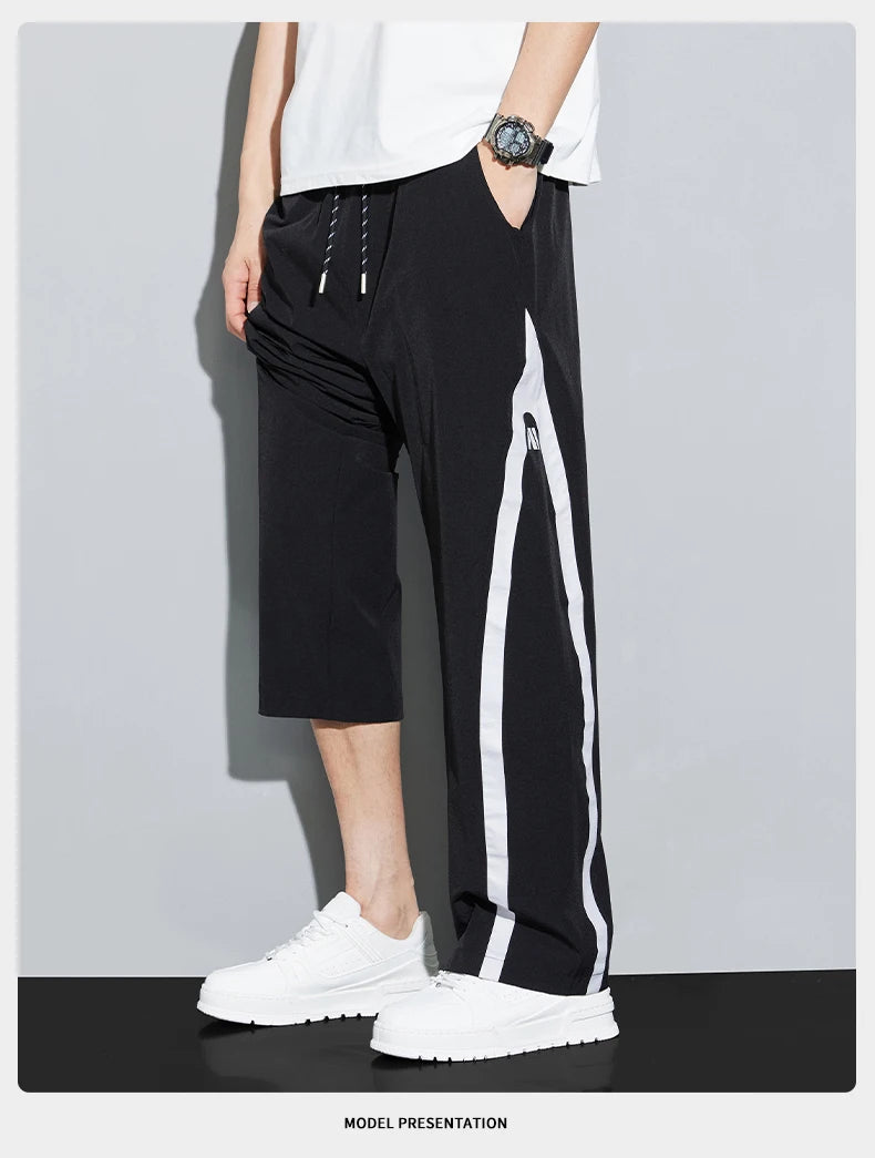 2025 Summer Ice Silk Casual Pants Boys Casual Peplum Pants Handsome Straight Colorblocking Sports Pants