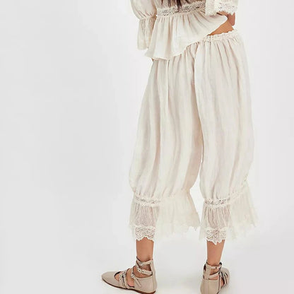 Women'S Y2K Loose Fit Bloomers Cropped Pants Drawstring High Waist Floral Lace Patchwork Calf-Length Lantern Trousers