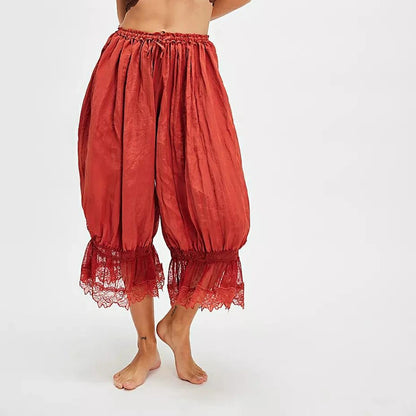 Women'S Y2K Loose Fit Bloomers Cropped Pants Drawstring High Waist Floral Lace Patchwork Calf-Length Lantern Trousers