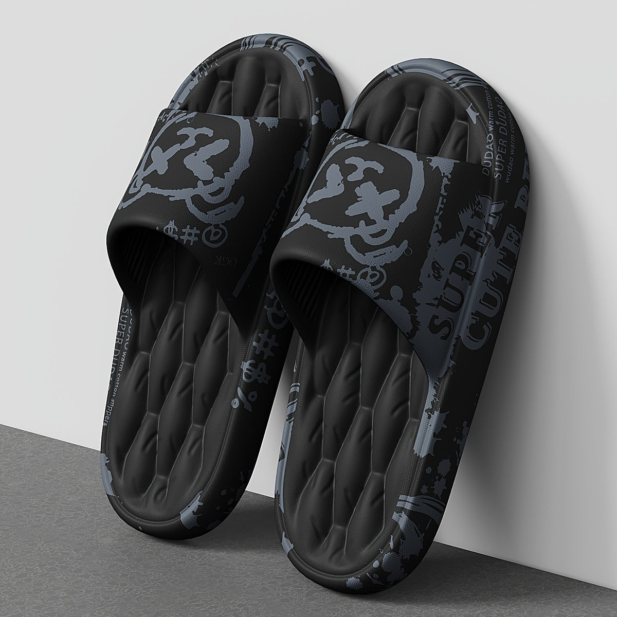 Men'S Black Cartoon Print EVA Slides - Comfortable, Soft Sole, Open-Toe Design for Indoor & Outdoor Use, Durable & Stylish Beach Sandals