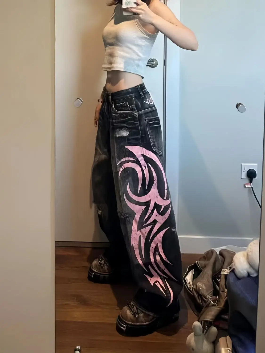 Y2K American Vintage Mottled Totem Print Baggy Jeans Women'S High Waist Wide Leg Jeans Women'S Harajuku Trendy Hip-Hop Jeans