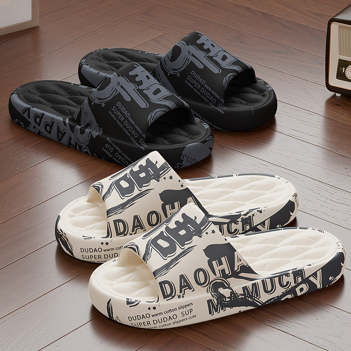 Men'S Black Cartoon Print EVA Slides - Comfortable, Soft Sole, Open-Toe Design for Indoor & Outdoor Use, Durable & Stylish Beach Sandals