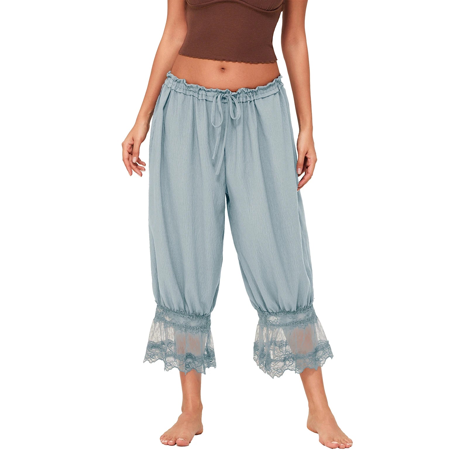 Women'S Y2K Loose Fit Bloomers Cropped Pants Drawstring High Waist Floral Lace Patchwork Calf-Length Lantern Trousers