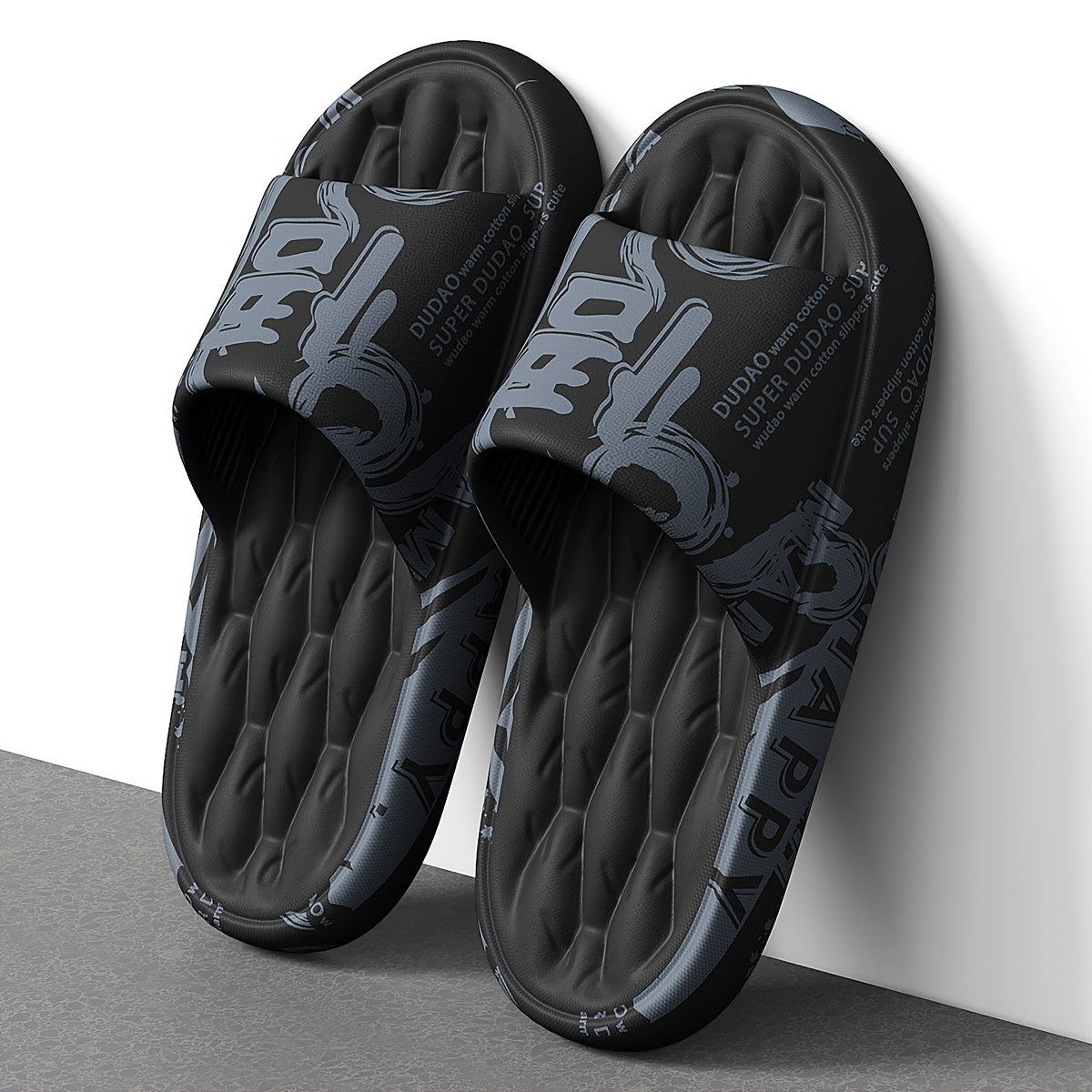 Men'S Black Cartoon Print EVA Slides - Comfortable, Soft Sole, Open-Toe Design for Indoor & Outdoor Use, Durable & Stylish Beach Sandals