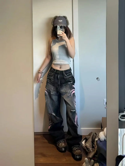 Y2K American Vintage Mottled Totem Print Baggy Jeans Women'S High Waist Wide Leg Jeans Women'S Harajuku Trendy Hip-Hop Jeans