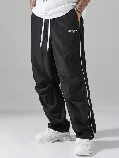 Larbulse Men Contrast Trim Trouser Fashion Casual Pants Solid Color Breathable Loose Straight Drawstring Pants Streetwear