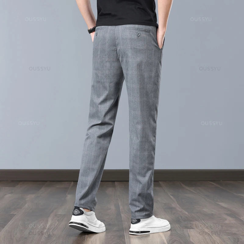 Summer High-Quality Classics Plaid Work Stretch Thin Pants Men Business Fashion Grey Black Party Casual Formal Trousers Male 38