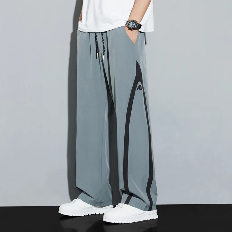 2025 Summer Ice Silk Casual Pants Boys Casual Peplum Pants Handsome Straight Colorblocking Sports Pants