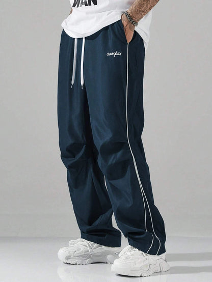 Larbulse Men Contrast Trim Trouser Fashion Casual Pants Solid Color Breathable Loose Straight Drawstring Pants Streetwear