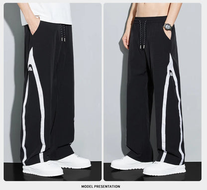 2025 Summer Ice Silk Casual Pants Boys Casual Peplum Pants Handsome Straight Colorblocking Sports Pants