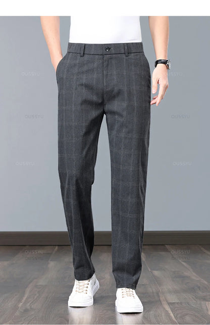 Summer High-Quality Classics Plaid Work Stretch Thin Pants Men Business Fashion Grey Black Party Casual Formal Trousers Male 38