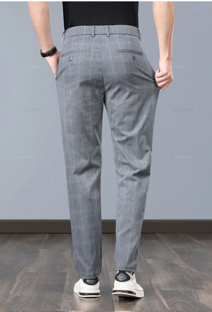 Summer High-Quality Classics Plaid Work Stretch Thin Pants Men Business Fashion Grey Black Party Casual Formal Trousers Male 38
