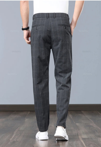 Summer High-Quality Classics Plaid Work Stretch Thin Pants Men Business Fashion Grey Black Party Casual Formal Trousers Male 38