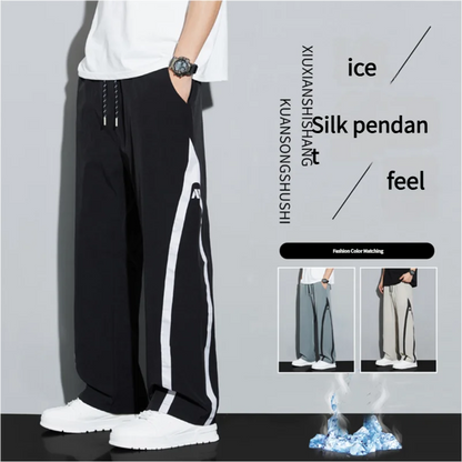 2025 Summer Ice Silk Casual Pants Boys Casual Peplum Pants Handsome Straight Colorblocking Sports Pants