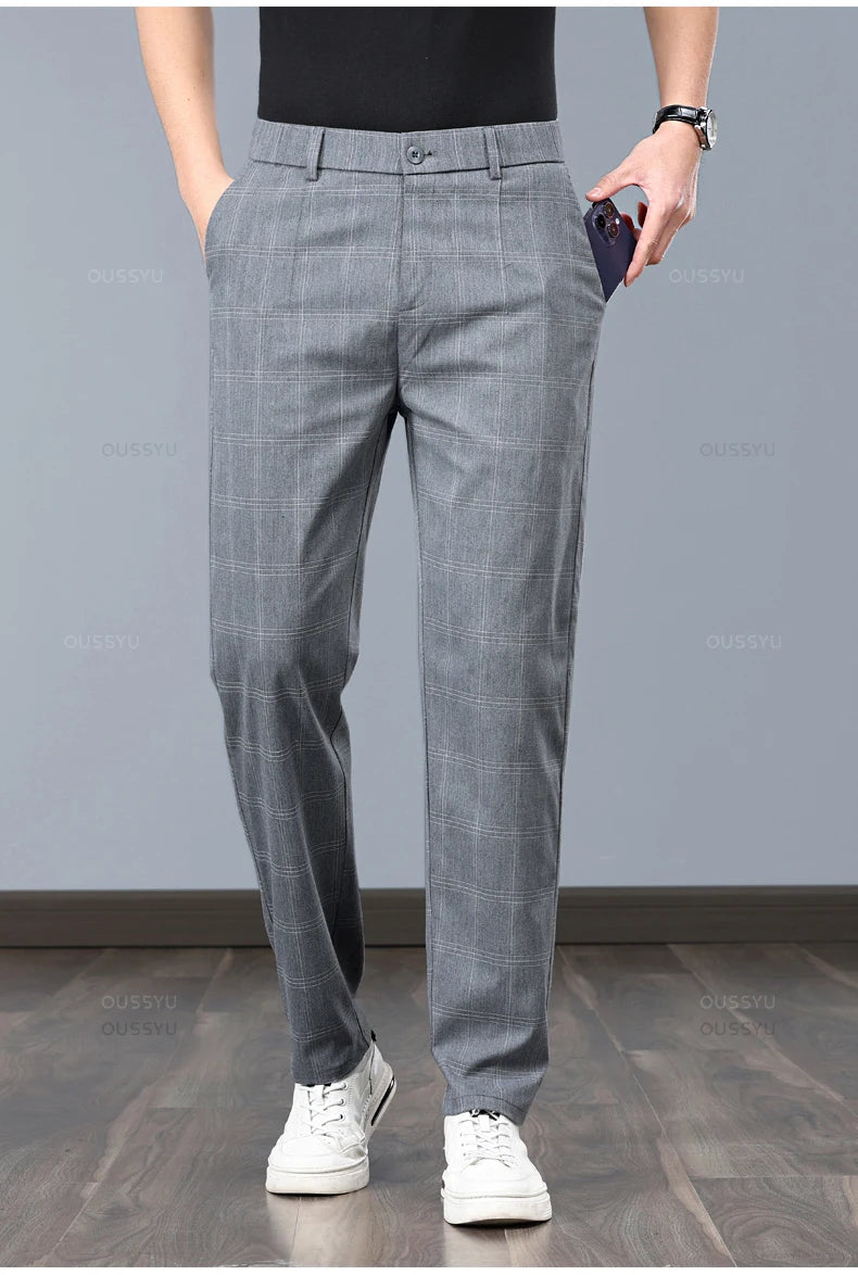 Summer High-Quality Classics Plaid Work Stretch Thin Pants Men Business Fashion Grey Black Party Casual Formal Trousers Male 38
