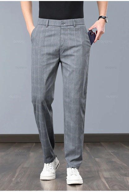 Summer High-Quality Classics Plaid Work Stretch Thin Pants Men Business Fashion Grey Black Party Casual Formal Trousers Male 38