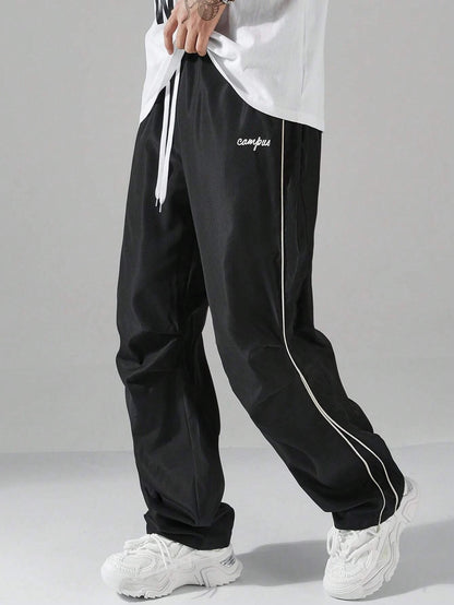 Larbulse Men Contrast Trim Trouser Fashion Casual Pants Solid Color Breathable Loose Straight Drawstring Pants Streetwear