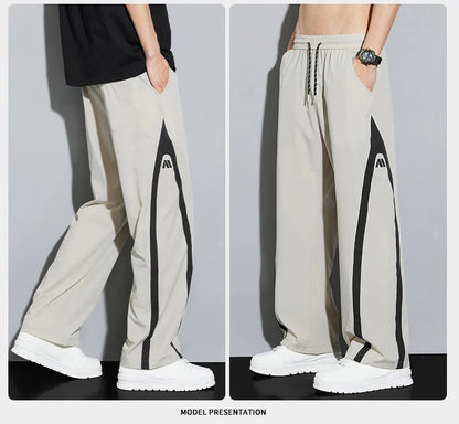 2025 Summer Ice Silk Casual Pants Boys Casual Peplum Pants Handsome Straight Colorblocking Sports Pants