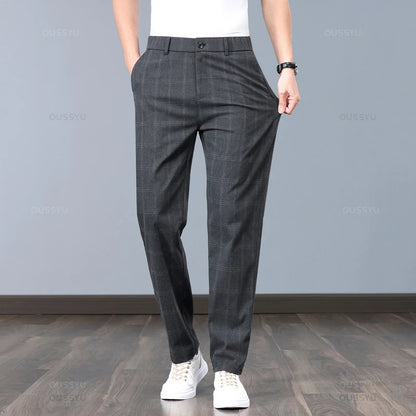 Summer High-Quality Classics Plaid Work Stretch Thin Pants Men Business Fashion Grey Black Party Casual Formal Trousers Male 38