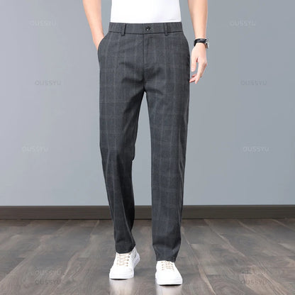 Summer High-Quality Classics Plaid Work Stretch Thin Pants Men Business Fashion Grey Black Party Casual Formal Trousers Male 38