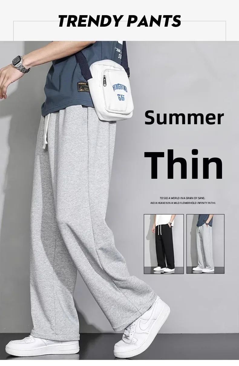 Men's Grey Loose-fit Straight-leg Casual Pants Summer Lightweight Draped Wide-leg Sweatpants For Men Comfortable Long Pants