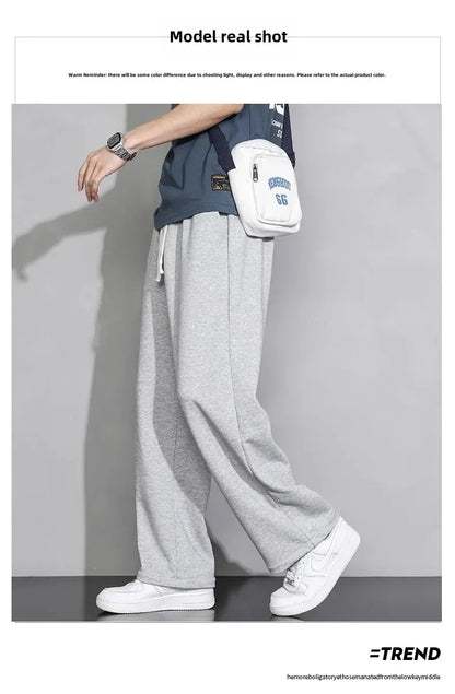 Men's Grey Loose-fit Straight-leg Casual Pants Summer Lightweight Draped Wide-leg Sweatpants For Men Comfortable Long Pants