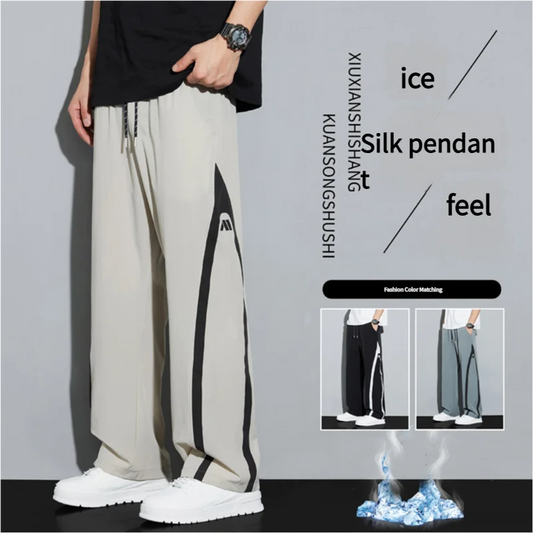2025 Summer Ice Silk Casual Pants Boys Casual Peplum Pants Handsome Straight Colorblocking Sports Pants