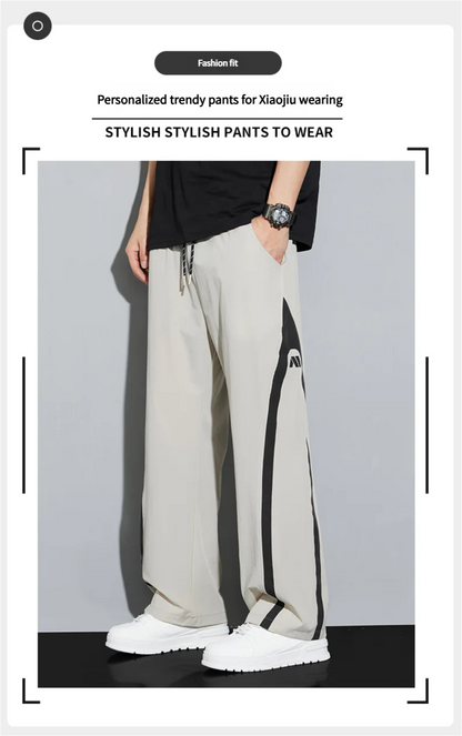 2025 Summer Ice Silk Casual Pants Boys Casual Peplum Pants Handsome Straight Colorblocking Sports Pants