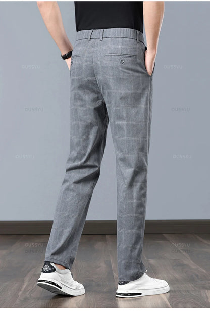 Summer High-Quality Classics Plaid Work Stretch Thin Pants Men Business Fashion Grey Black Party Casual Formal Trousers Male 38