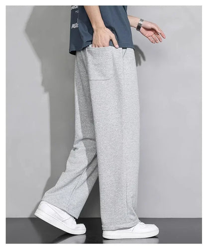Men's Grey Loose-fit Straight-leg Casual Pants Summer Lightweight Draped Wide-leg Sweatpants For Men Comfortable Long Pants