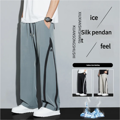 2025 Summer Ice Silk Casual Pants Boys Casual Peplum Pants Handsome Straight Colorblocking Sports Pants