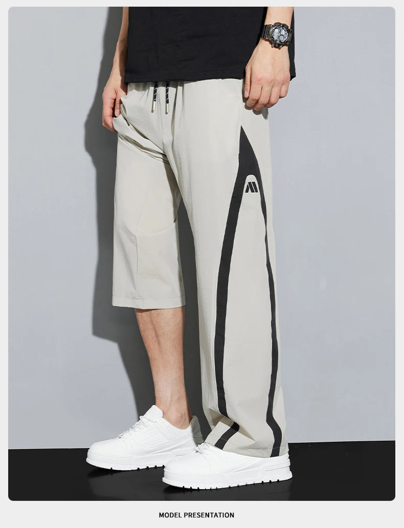 2025 Summer Ice Silk Casual Pants Boys Casual Peplum Pants Handsome Straight Colorblocking Sports Pants