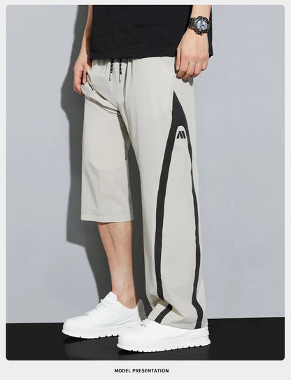 2025 Summer Ice Silk Casual Pants Boys Casual Peplum Pants Handsome Straight Colorblocking Sports Pants