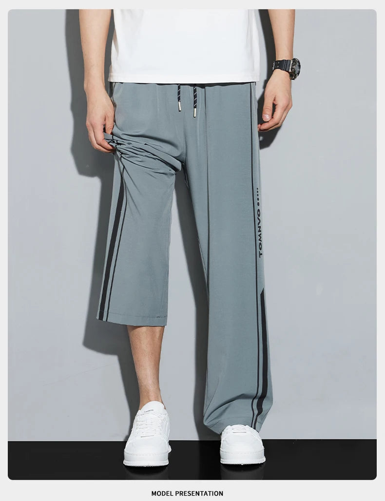 2025 Summer Ice Silk Casual Pants Boys Casual Peplum Pants Handsome Straight Colorblocking Sports Pants