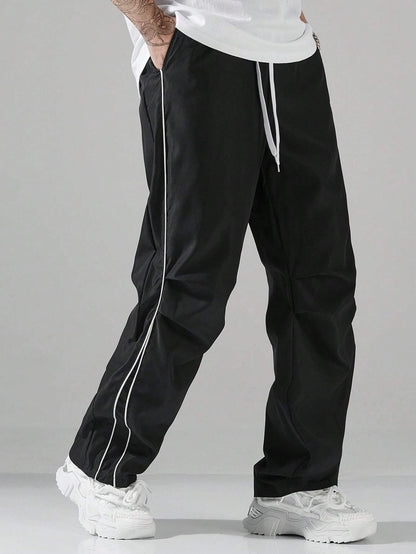 Larbulse Men Contrast Trim Trouser Fashion Casual Pants Solid Color Breathable Loose Straight Drawstring Pants Streetwear
