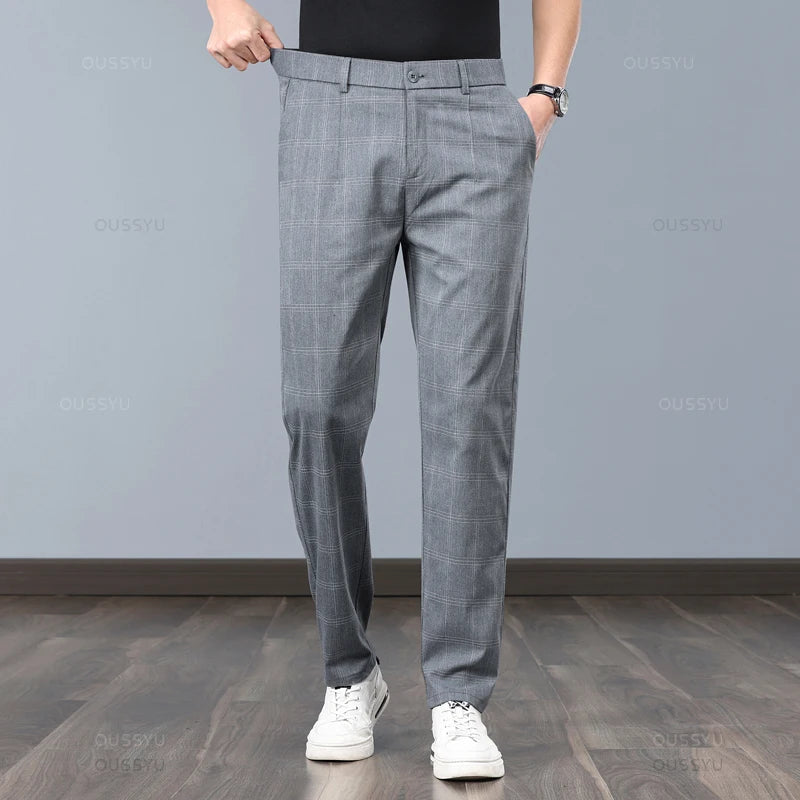 Summer High-Quality Classics Plaid Work Stretch Thin Pants Men Business Fashion Grey Black Party Casual Formal Trousers Male 38