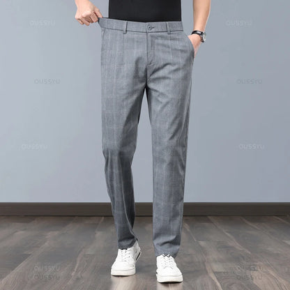 Summer High-Quality Classics Plaid Work Stretch Thin Pants Men Business Fashion Grey Black Party Casual Formal Trousers Male 38