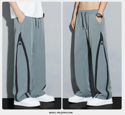 2025 Summer Ice Silk Casual Pants Boys Casual Peplum Pants Handsome Straight Colorblocking Sports Pants