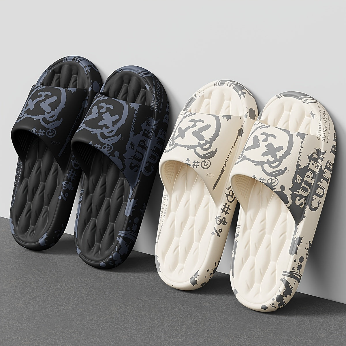 Men'S Black Cartoon Print EVA Slides - Comfortable, Soft Sole, Open-Toe Design for Indoor & Outdoor Use, Durable & Stylish Beach Sandals